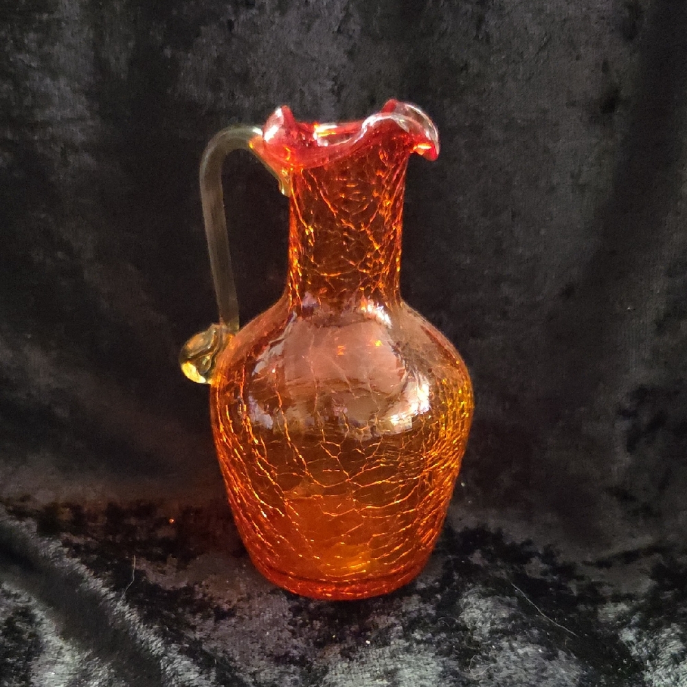 Pilgrim Hand Blown Crackle Glass Orange Cruet Pitcher